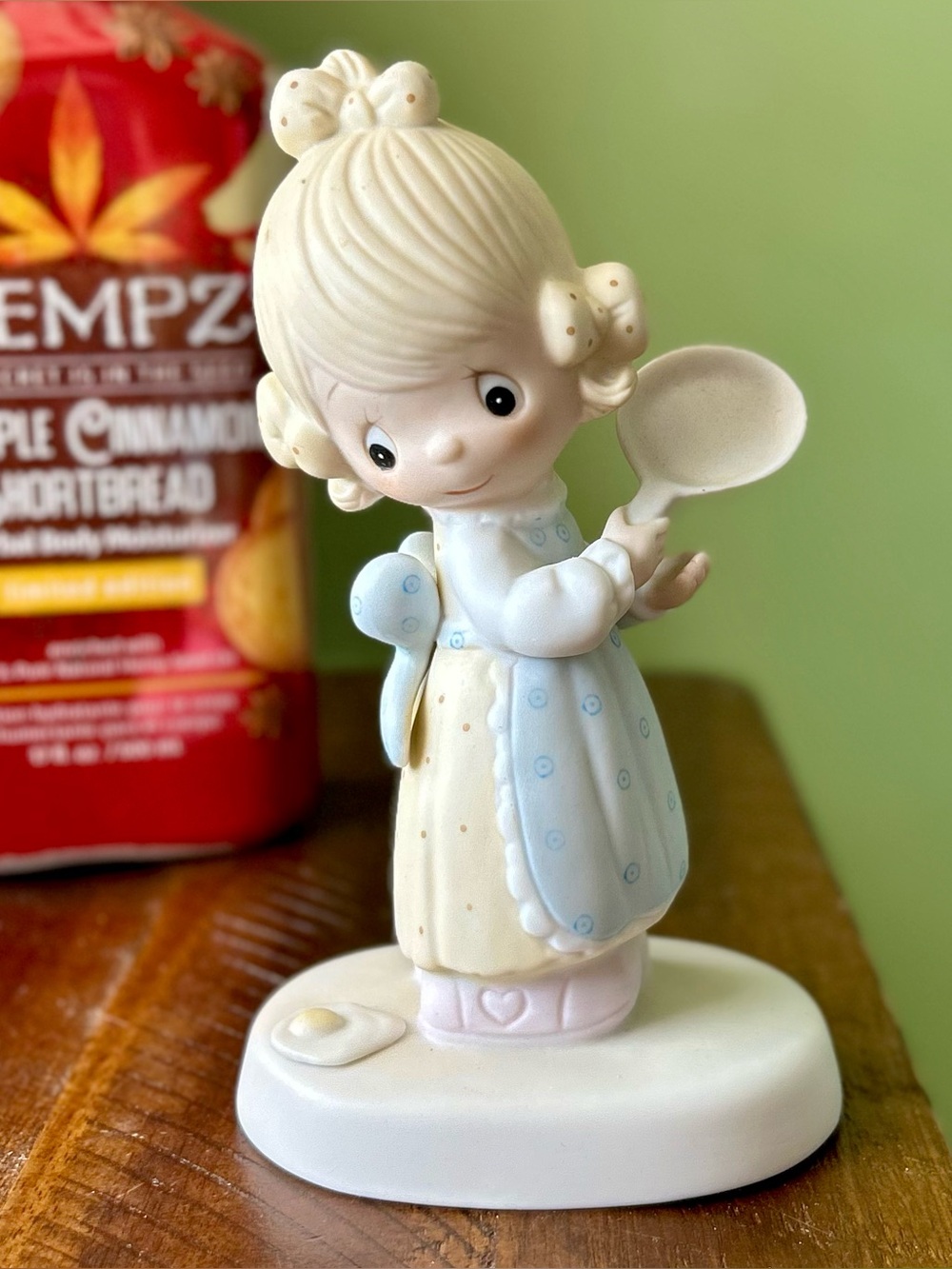Vintage Precious Moments Figurine of a Girl Flipping an Egg + Holding a Skillet